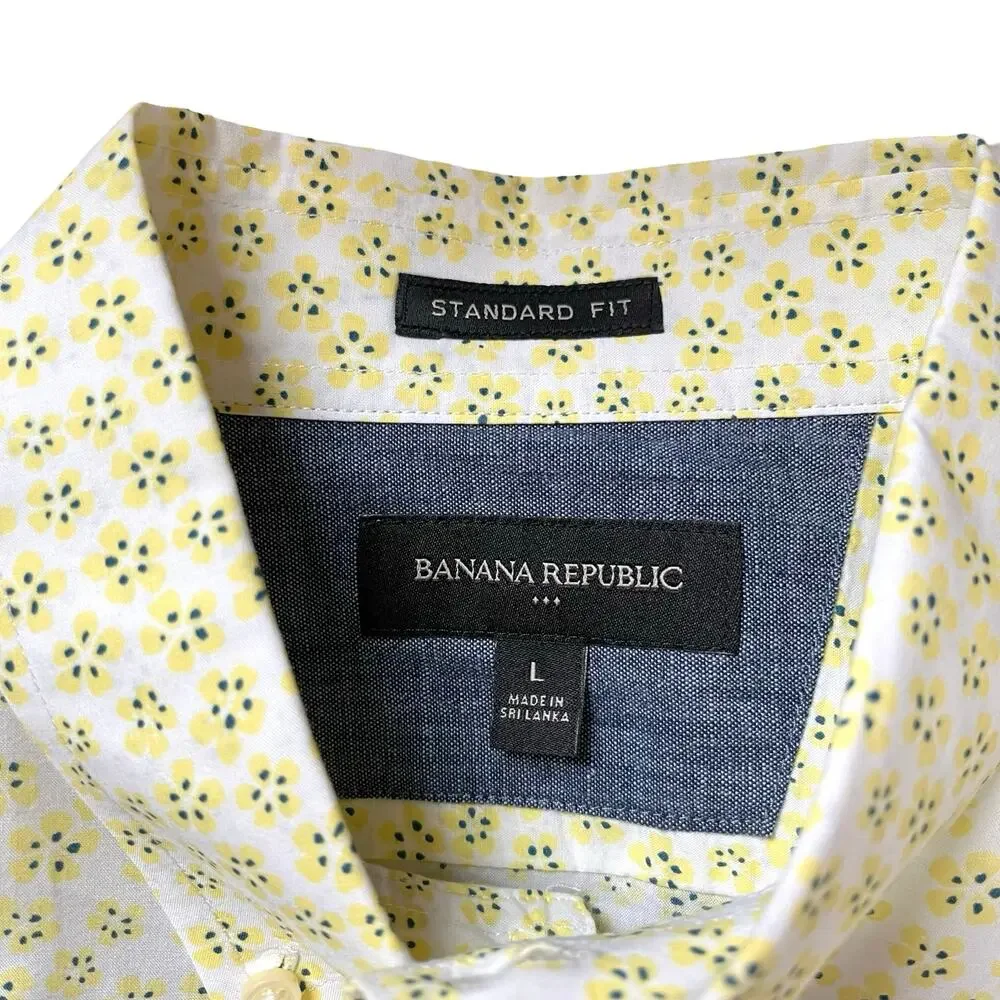 BANANA REPUBLIC Mens Large Yellow Floral Short Sleeve Preppy‎ Summer Button Down